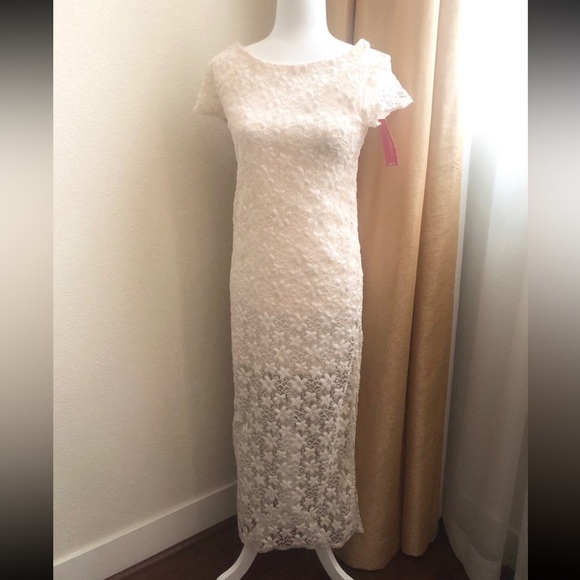 NWT Xhilaration Ivory lace crochet maxi dress Sz XS Partially Lined Short Sleeve - Picture 8 of 13